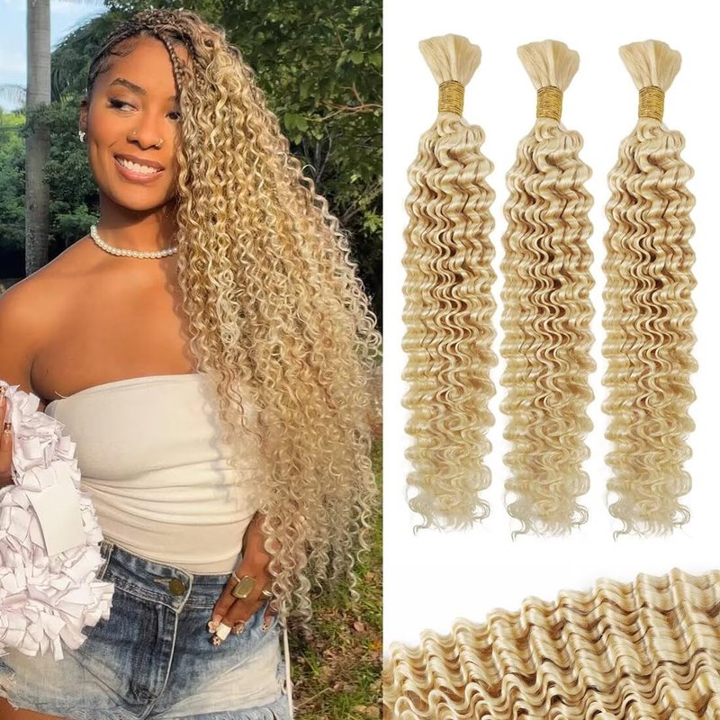 613 Blonde Human Braiding Hair - Deep Water Wave Bulk 20 Inch Curly Extensions | 3 Bundles, No Weft, Perfect for Boho Braids