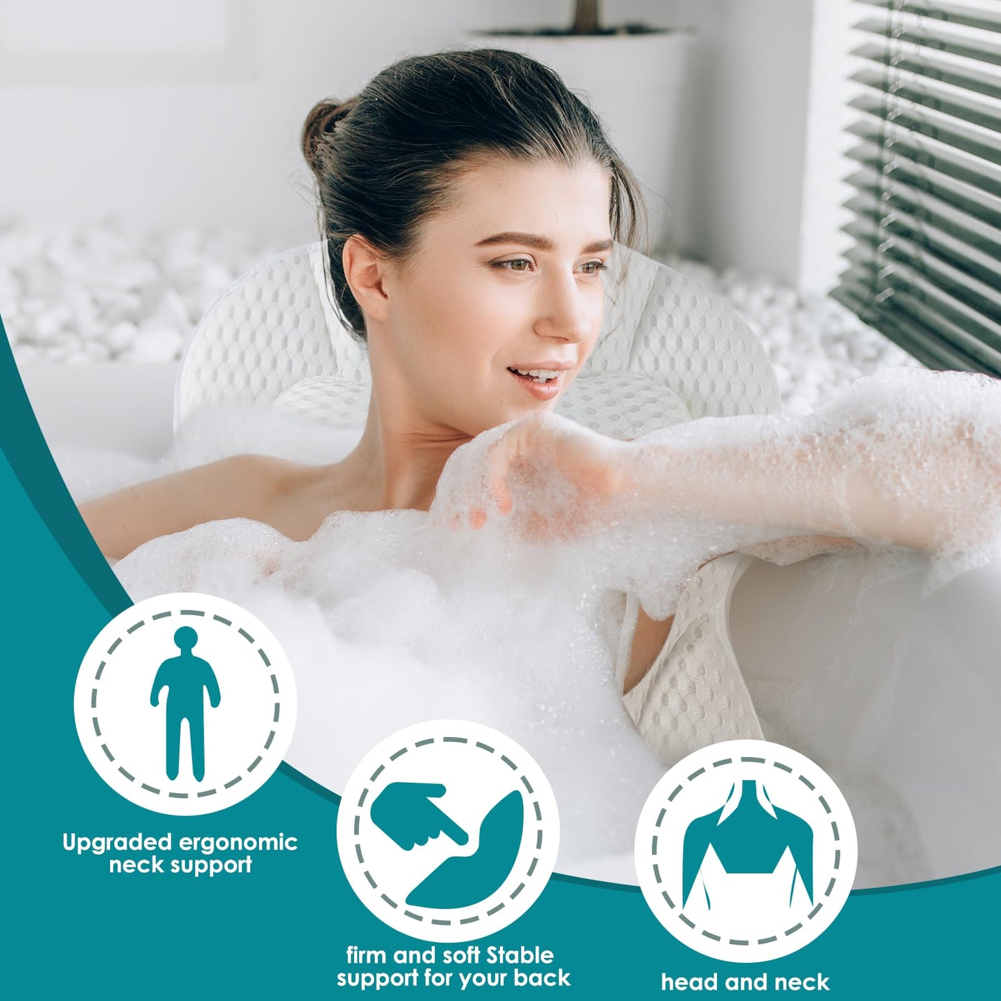 SQLHM Bath Pillows for Tub, Luxury Bath Pillow for Neck and Back Support - with Comfortable Breathable Cotton 6 Non-Slip Suction Cup Bathtub Accessories - Spa Bath Mat Gifts for Women (White)