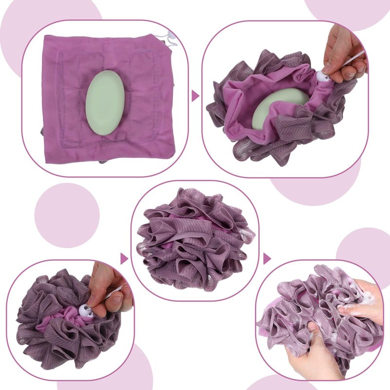 ElevateTech Soap Bar Loofah, 2 Pcs 2 in 1 Loofah Washcloth Combo Exfoliating Bath Sponges with Drawstring Bar Soap Saver Pouch Body Scrubber Mesh Shower Ball for Bathing Smoothing Skin (Purple, Brown)