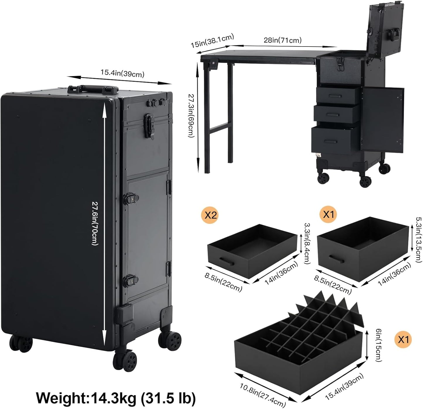 Skiennix Portable Nail Desk - Foldable Manicure Table with 3 Drawers & Mirror | Rolling Mobile Workstation in Black