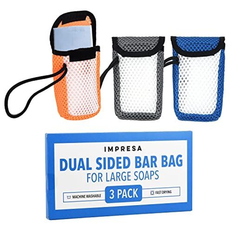 IMPRESA Exfoliating Large Bar Soap Scrubber Pouch - Pack of 3, Fits Bars to 4.58×2.75×1.5 in - Dual-Sided Mesh & Body Scrubber - Wrist Strap & Quick-Dry Soap Saver Case - Compatible with Duke Cannon