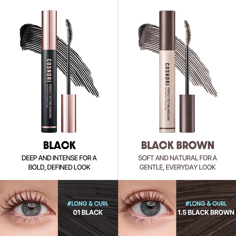 COSNORI Perfect Setting Waterproof Mascara Long&Curl 1.5 Black Brown – Long Lasting Smudge - Black Brown Mascara - Soft yet Defined Daily Use - K Beauty - 0.23fl oz (7ml)