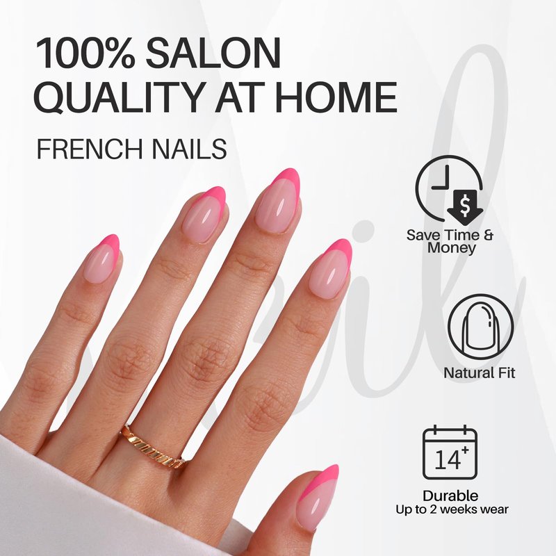 Pink French Tip Press on Nails Almond - SHANGMENG Soft Gel Press on Nails Short for Women Gift, Naturally Fit Glue on Nails in 16 Sizes - 32 Reusable Fake Nails Kit with Glue, Dolce Pink