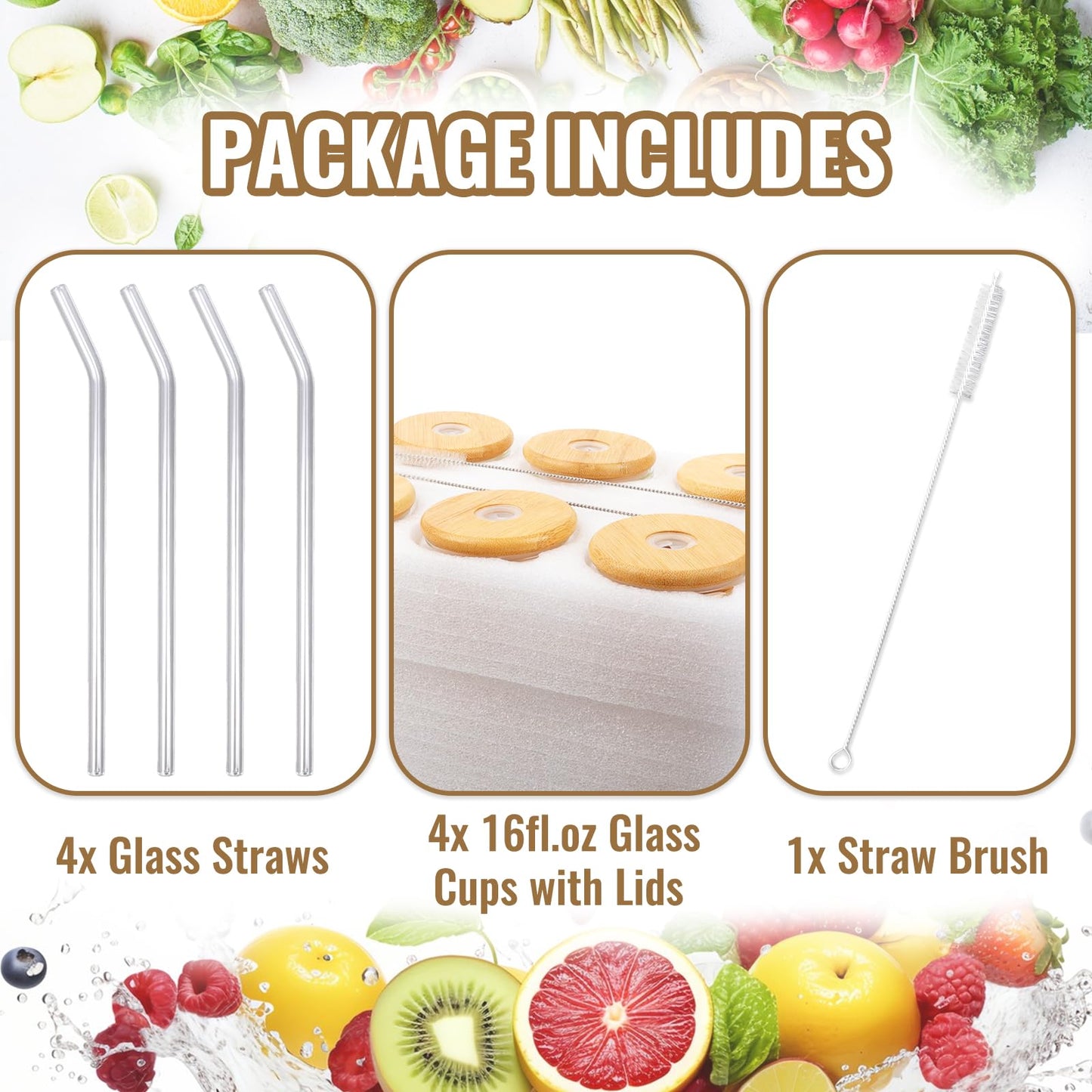 Alotpower Borosilicate Glass Cups with Lids and Straws, 16 oz Reusable Tumbler Set (4-Pack) Includes Bamboo Lids, Glass Straws & Brush for Iced Coffee, Bubble Tea, Cold Beer, Juice