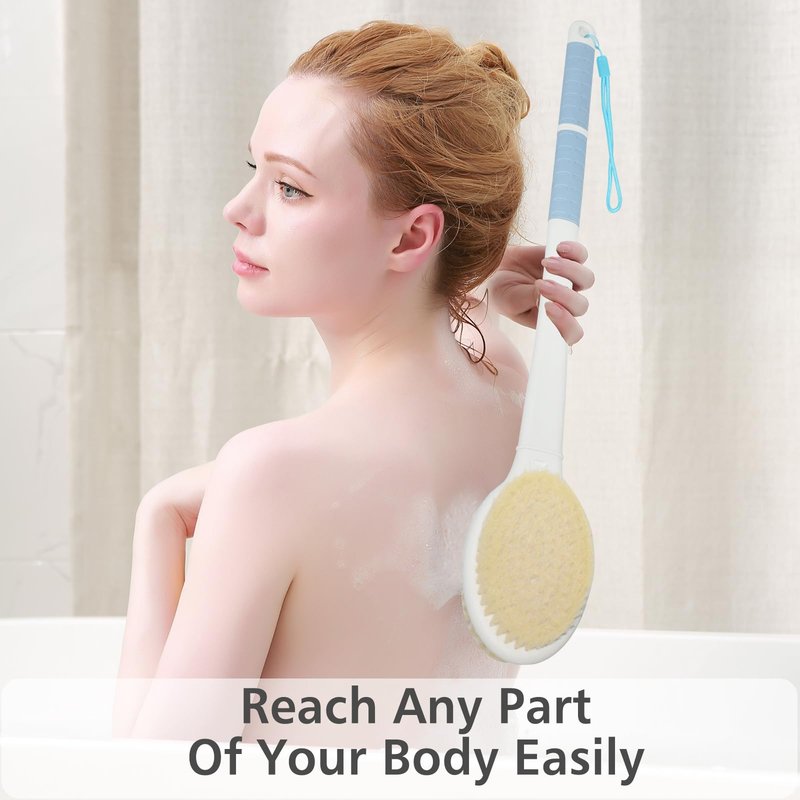 Shower Brush with Soft and Stiff Bristles,17.5" Long Handle Dual-Side Back Scrubber Bath Brush Body Exfoliator for Wet or Dry Brushing (Long Handle)