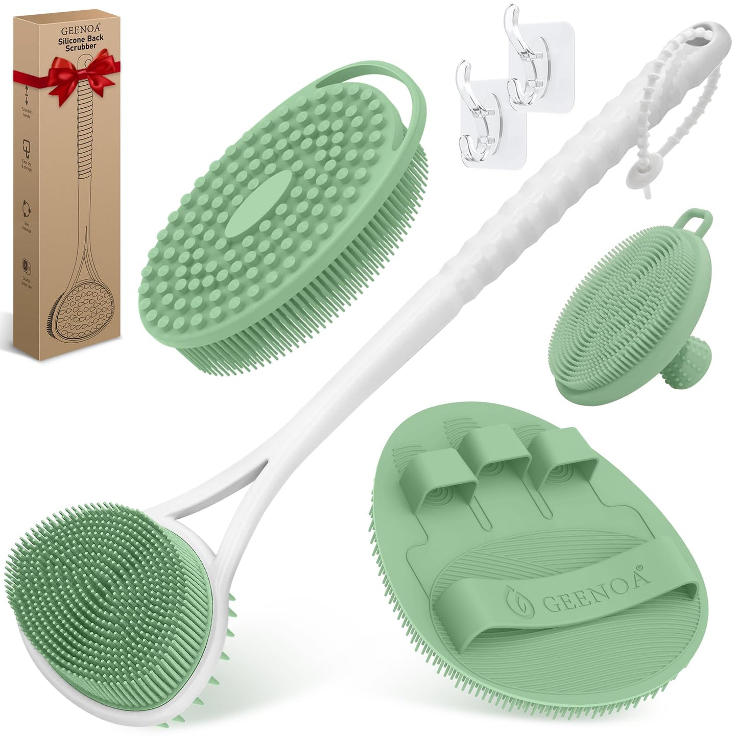 GEENOA Silicone Back Body Face Scrubbers Set 4PCS, 15.35’’ Back Scrubber Soft Body Scrubber for Dual-Side Usage, Easy-to-Hold Soft Bath Glove & Face Scrubber for Good Foaming Deep Cleaning(Green)