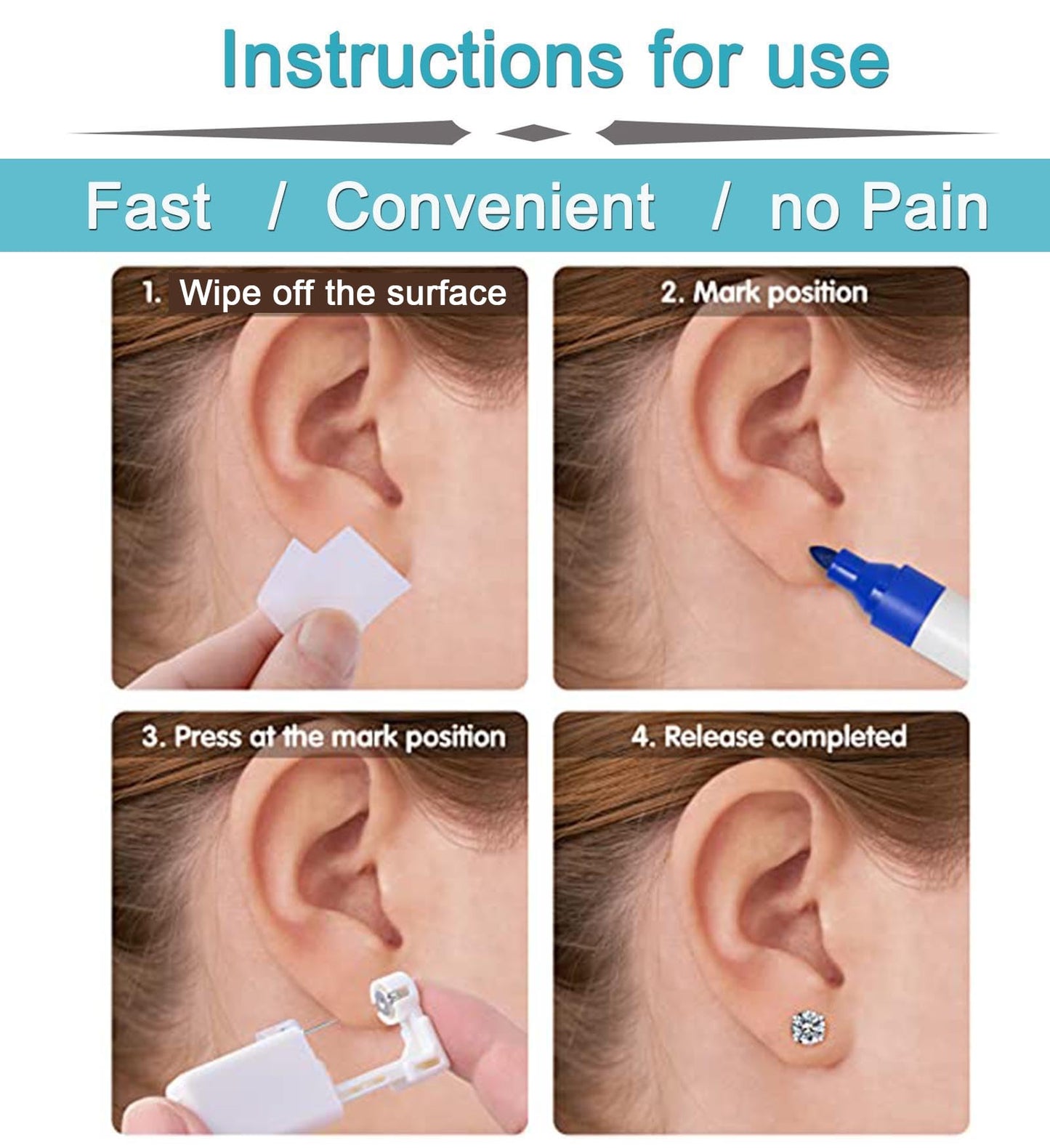 QWALIT Disposable Ear Piercing Kit Gold Ear Piercing Gun Kit Self Piercing Earring Gun with Earring Piercing Kits at Home