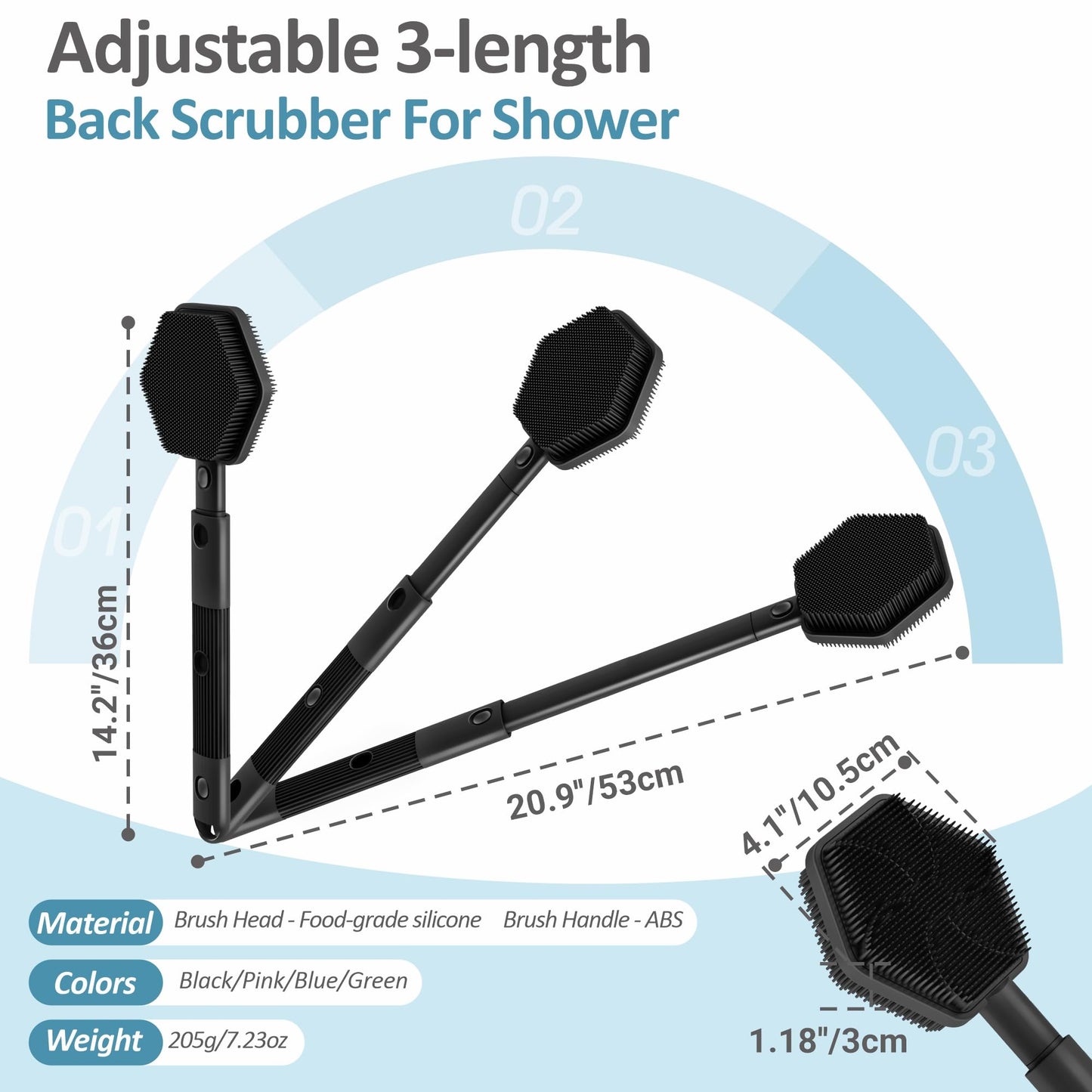 GEENOA Silicone Back/Face Scrubber & Bath Glove Set 3PCS, Extendable Back Scrubber with Dual-Side Large Head, 360° Anti-Slip Bath Glove, Unique Side-bristle Face Scrubber for All-round Cleaning(Black)