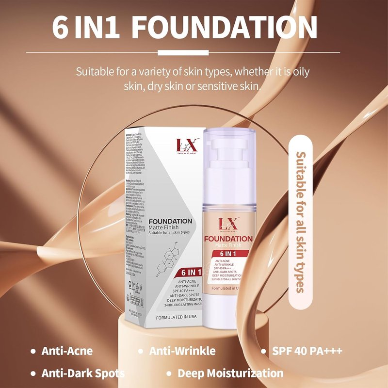 Skiennix 6-in-1 Makeup Foundation - Matte + Poreless Liquid with 1% Hyaluronic Acid | Glowing Finish, 301 Medium