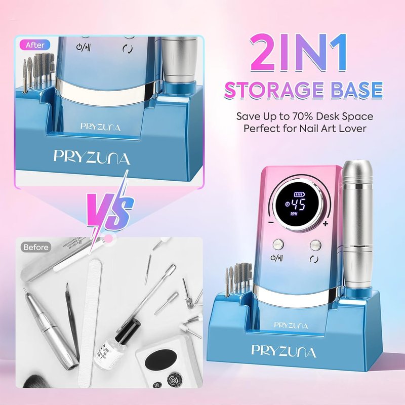 Electric Nail Drill Professional 45000RPM, Portable Cordless Nail File for Acrylic & Gel Nails, Rechargeable E-File Machine with 7 Drill Bits, 56 Sanding Bands & Base, for Salon or DIY Home (Gradient)