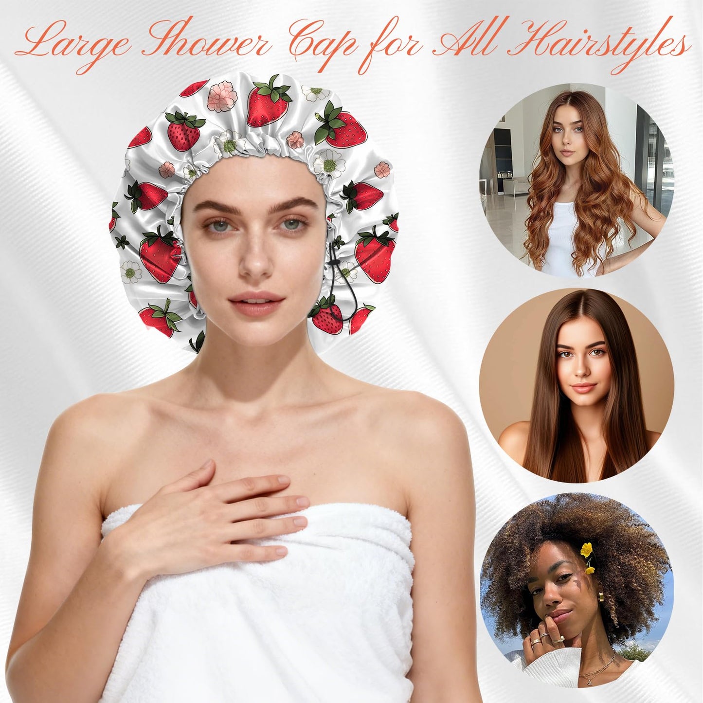 BHAHB Shower Cap Reusable Double Layer Adjustable Elastic Waterproof EVA Hair Bath Caps for Women Girls Cute Aesthetic-Strawberry