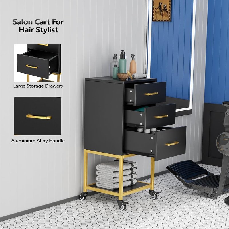 Beauty Salon Storage Trolley Cart - Wooden Hair Cabinet with Dryer Holder & Drawer | Black Hairdressing Organizer for Stylist