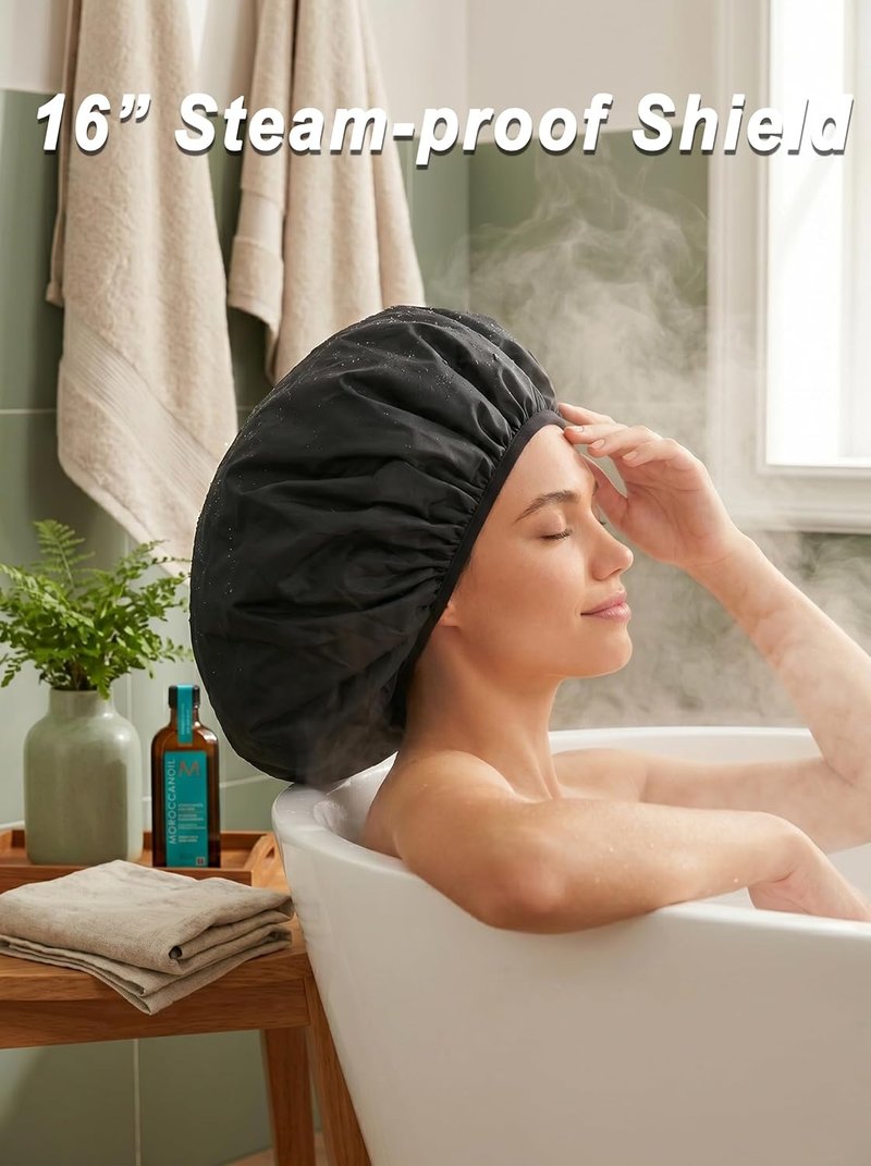 Auban Extra Large Shower Cap - Double-Layer Waterproof Bonnet for Thick, Long Hair | Black Satin Lining
