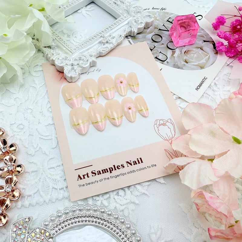24Pcs Spring Floral Press On Nails Short Almond French Tip Fake Nails with Gold Line & 3D Flower Designs Nude Pink Full Cover False Nails Reusable Acrylic Stick On Nails for Women Manicure Decoration