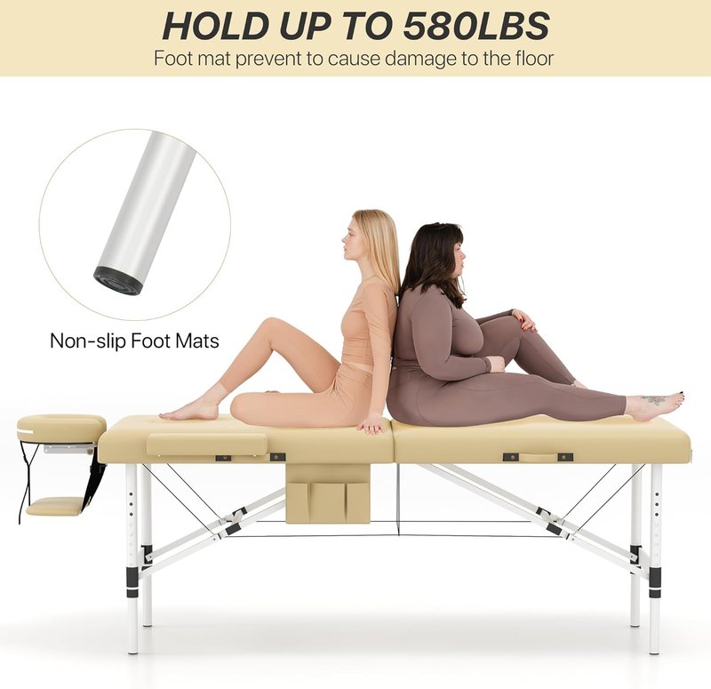 KCC Memory Foam Portable Massage Table - Foldable Height Adjustable Lash Bed | 28" Wide, Lightweight Aluminum, Beige