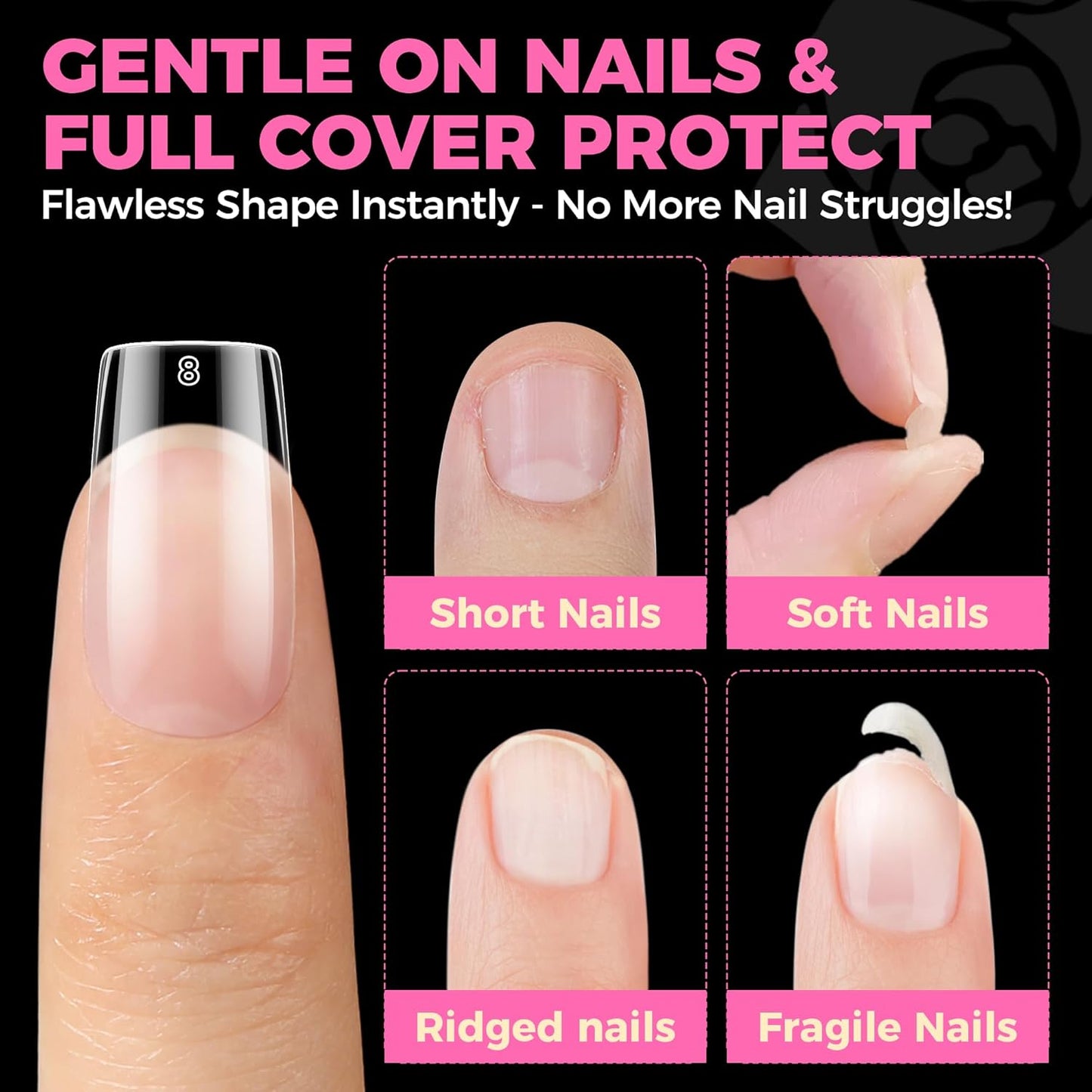 Square Nail Tips - 504PCS Short Pre-Etched Gel Fake Nails | Full Cover Soft Acrylic, 12 Sizes for DIY French Manicure