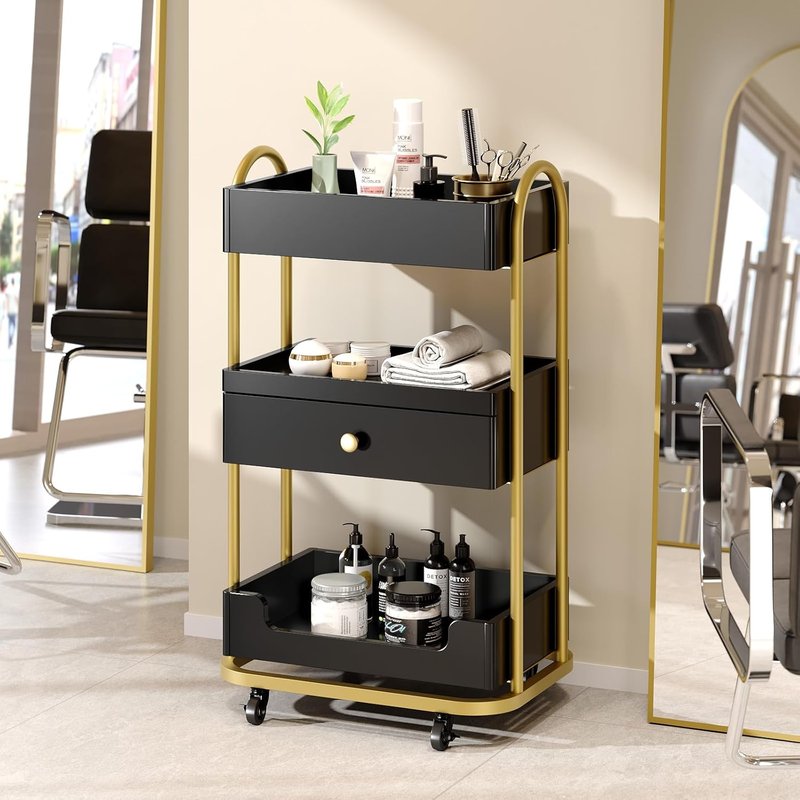 OmySalon Salon Trolley Cart - Mobile Hair Styling Station with 3 Trays & 1 Drawer | Black