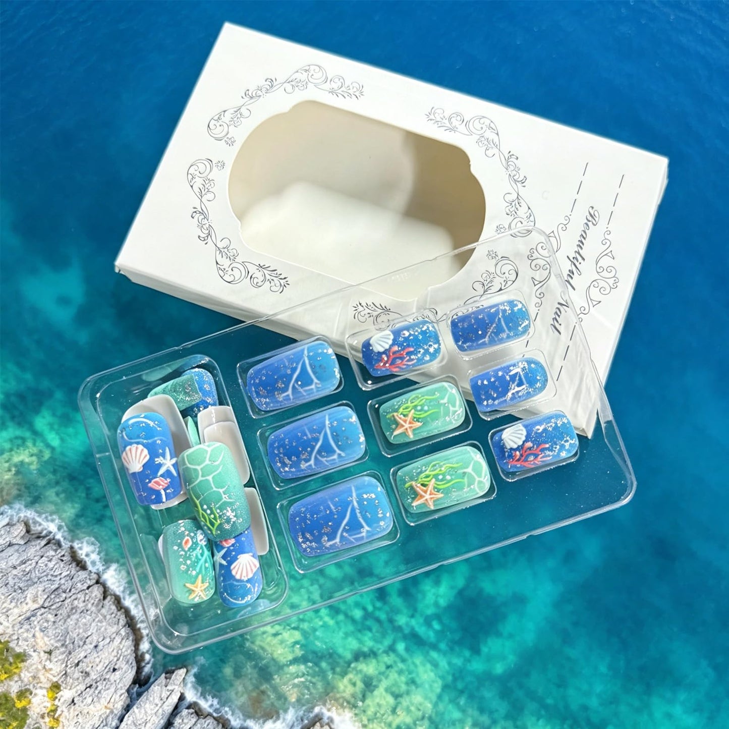 Summer Ocean Press on Nails Medium Square, Gradient Blue Fake Nails with 3D Shell Starfish Coral Designs Glitter False Nails, 24Pcs Glossy Acrylic Stick on Nails for Beach Vacation Daily Wear
