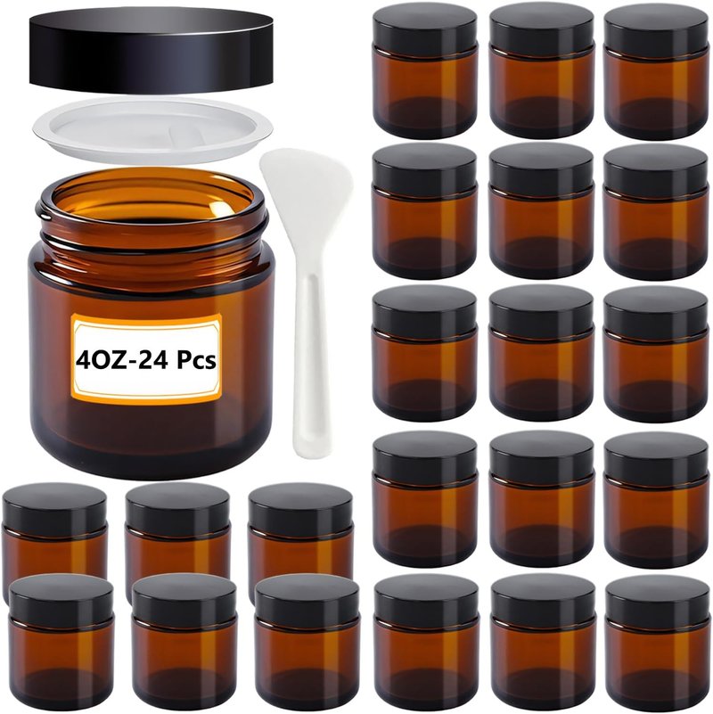 Amber Glass Jars - 4 oz Small Cosmetic Containers with Lids | 24 Pack for Creams & Scrubs