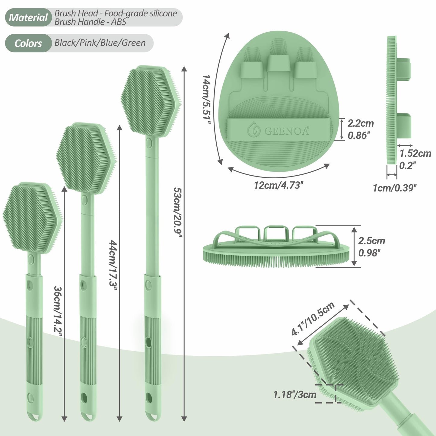 GEENOA Silicone Back Scrubber & Soft Bath Glove 2PCS, 16''- 21''Extendable Back Scrubber with Dual-Side Large Head, 360° Anti-Slip Hand-fit Silicone Body Scrubber for Rich Foaming Deep Cleaning(Green)