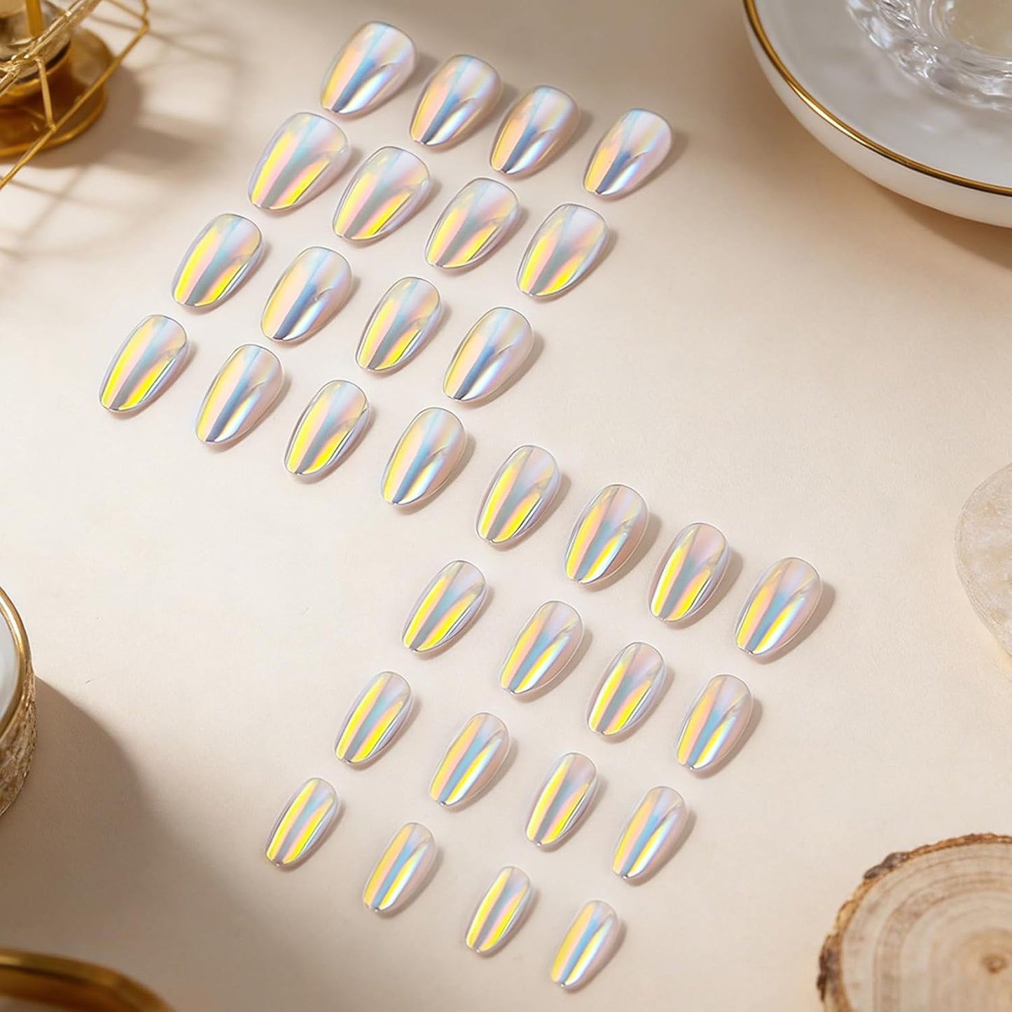 Skiennix Short Almond Press-On Nails - Chrome Metal Mirror Design | 32 Pcs Glossy Full Cover Acrylics