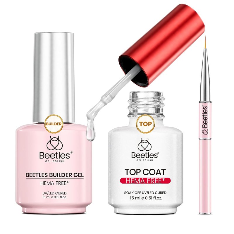 Beetles HEMA-Free Gel Top Coat & Builder Gel - Hypoallergenic, Low Heat, 15ml Clear Polish