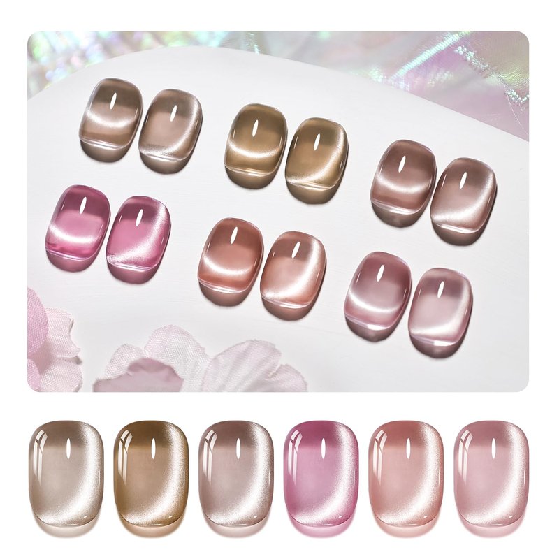 JODSONE Cat Eye Gel Nail Polish Set - 6 Colors in Pink & Brown for Holographic Glitter Effects | 10ml