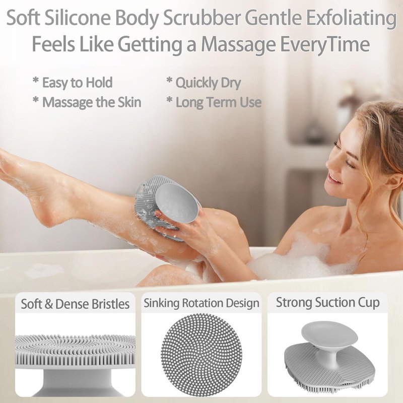 ARIOSOX, Soft Silicone Body Scrubber, Gentle Like a Hand Exfoliating Your Skin and Build Up Lather Easily, Back Large Suction Cup Easy to Store, Long-Lasting & Deep Clean (Gray)