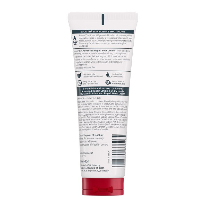 Eucerin Advanced Repair Foot Cream for Dry Feet and Heels, Repairs Very Dry, Rough Skin, Fragrance Free, Non Greasy, Fast Absorbing, Travel Size Lotion, 3 Oz Tube, Pack of 3
