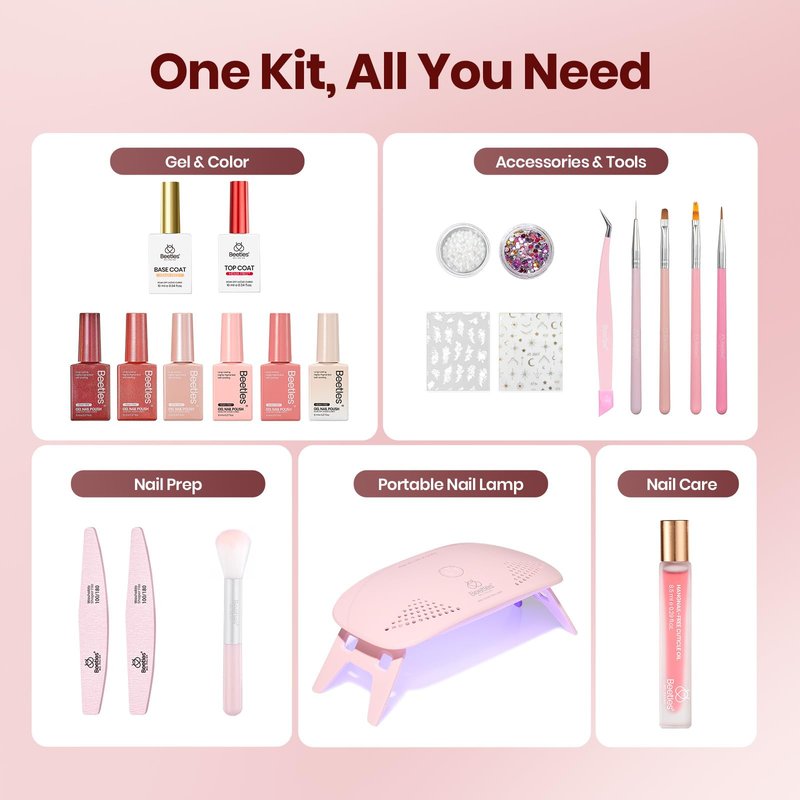 Beetles 22 Pcs HEMA-Free Gel Nail Kit with U V Light - 6 Color Pink Nude Red Pearl White Gel Polish Set Ethereal Glow Gift-Ready Package DIY Salon Portable Manicure Kit Mothers Day Gifts for Women