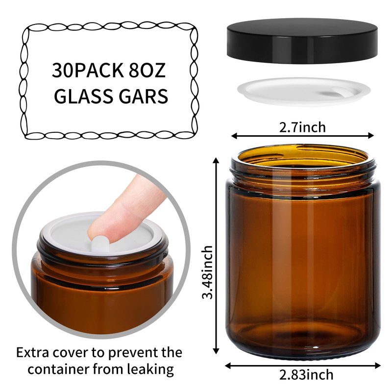 KEYWING 30Pack Amber Glass Jars with Black Lids, 8 oz Empty Cosmetic Jars with Inner Liners, Round Lotion Containers for Cream, Powders and Ointments
