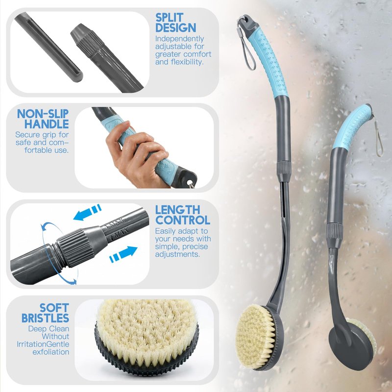 Gobiteli Back Scrubber for Shower, Long Handle Exfoliating Shower Brush for Body for Deep Cleaning, Back Brush for Shower for Men Women(Blue)