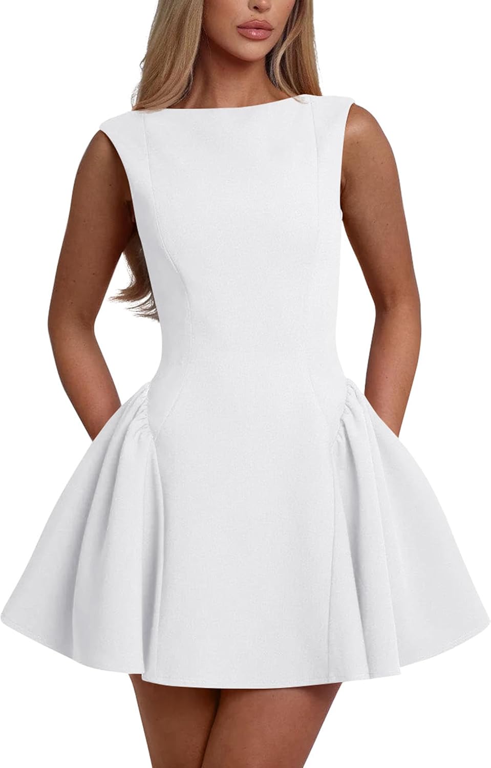 Women's Summer A-Line Mini Party Dress - Sleeveless Crew Neck & Backless Design