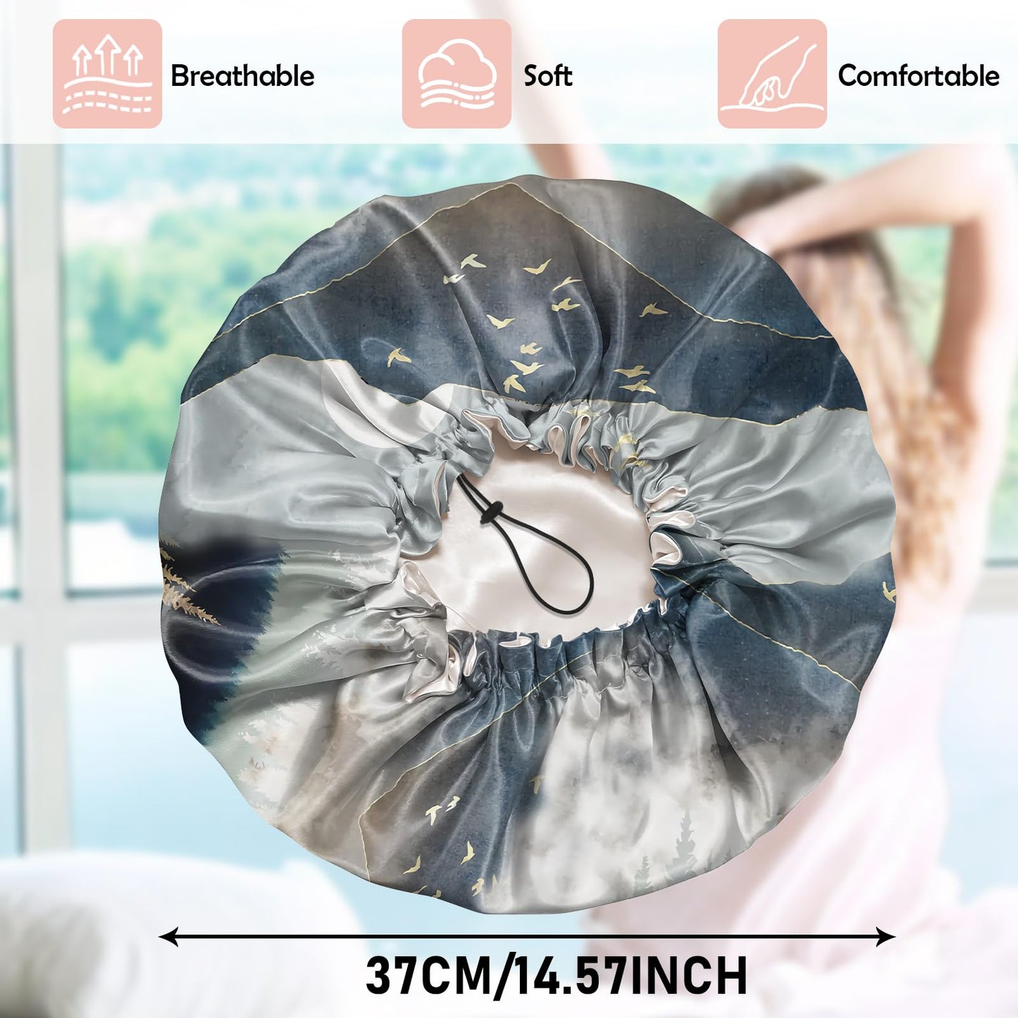 Cabreche Luxury Shower Cap Satin Silk Lined Adjustable Elastic Reusable Waterproof Shower Bath Cap Cute for Women Girls-Forest