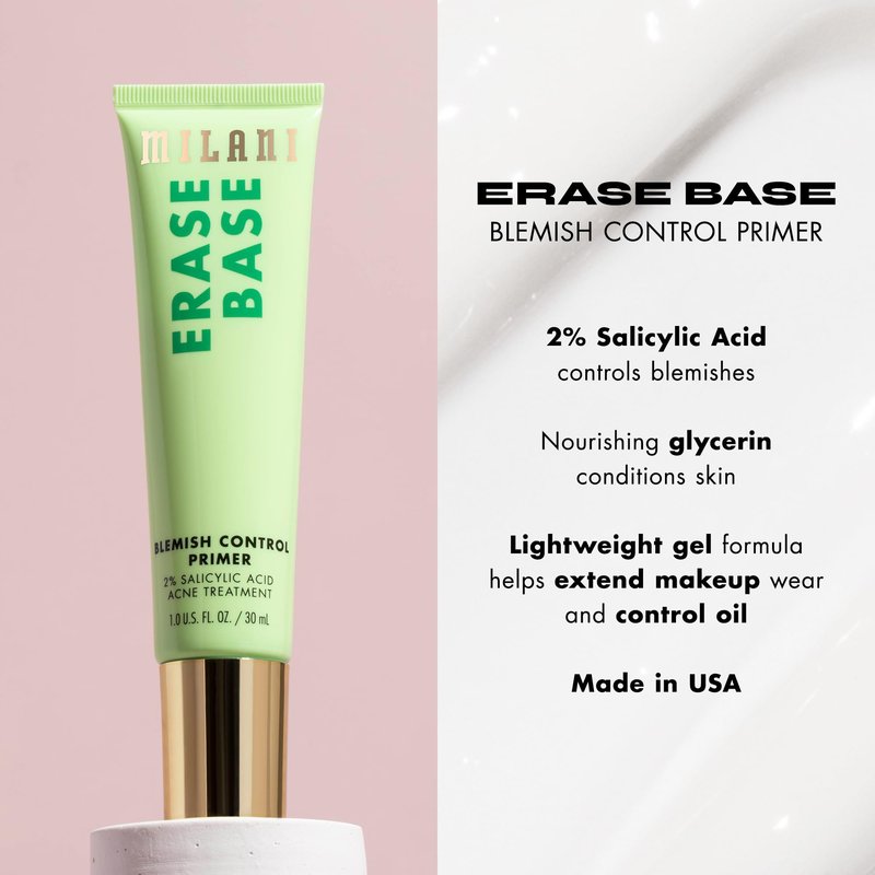 Milani Face Primer for Makeup - Erase Base Blemish Control Primer with 2% Salictlic Acid to help Control Blemishes, 1.0 Fl. Oz