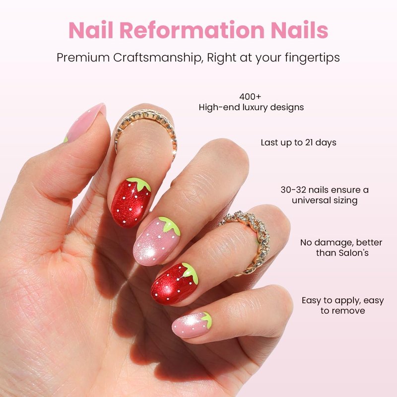 Nail Reformation Press On Nails, Strawberry Candy | Red & Pink Extra Short Round Fake Nails with Velvet Cat Eye Shimmer, Reusable Stick On Nails Kit - 32 Pcs in 16 Sizes, Manicure Gifts for Women