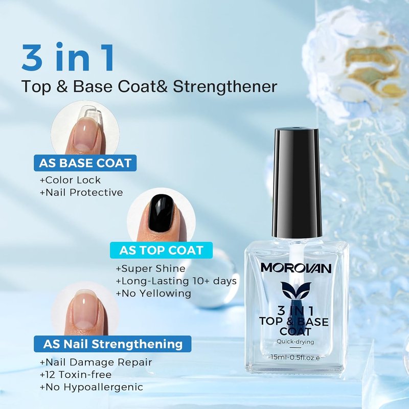 Morovan Nail Strengthener - 3-in-1 Base Coat & Top Coat for Quick-Dry, Long-Lasting Shine | Clear Nail Polish