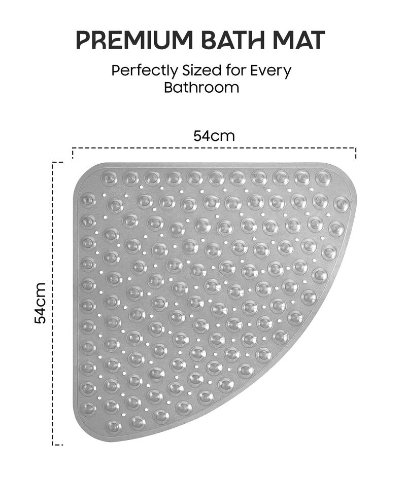 ADOV Corner Shower Mat Non Slip, 21x21 inch Curved Shower Mats for Inside Shower, Anti-Slip Bath Mat with Strong Suction Cup, Drain Holes, Machine Washable, Ideal for the Elderly (Grey)
