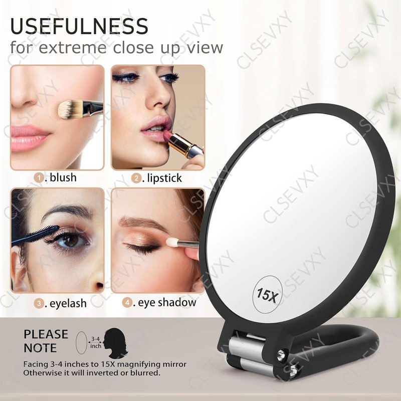 CLSEVXY Double-Sided Handheld Magnifying Mirror - 1X & 15X Magnification | Travel-Friendly & 360° Rotating Design