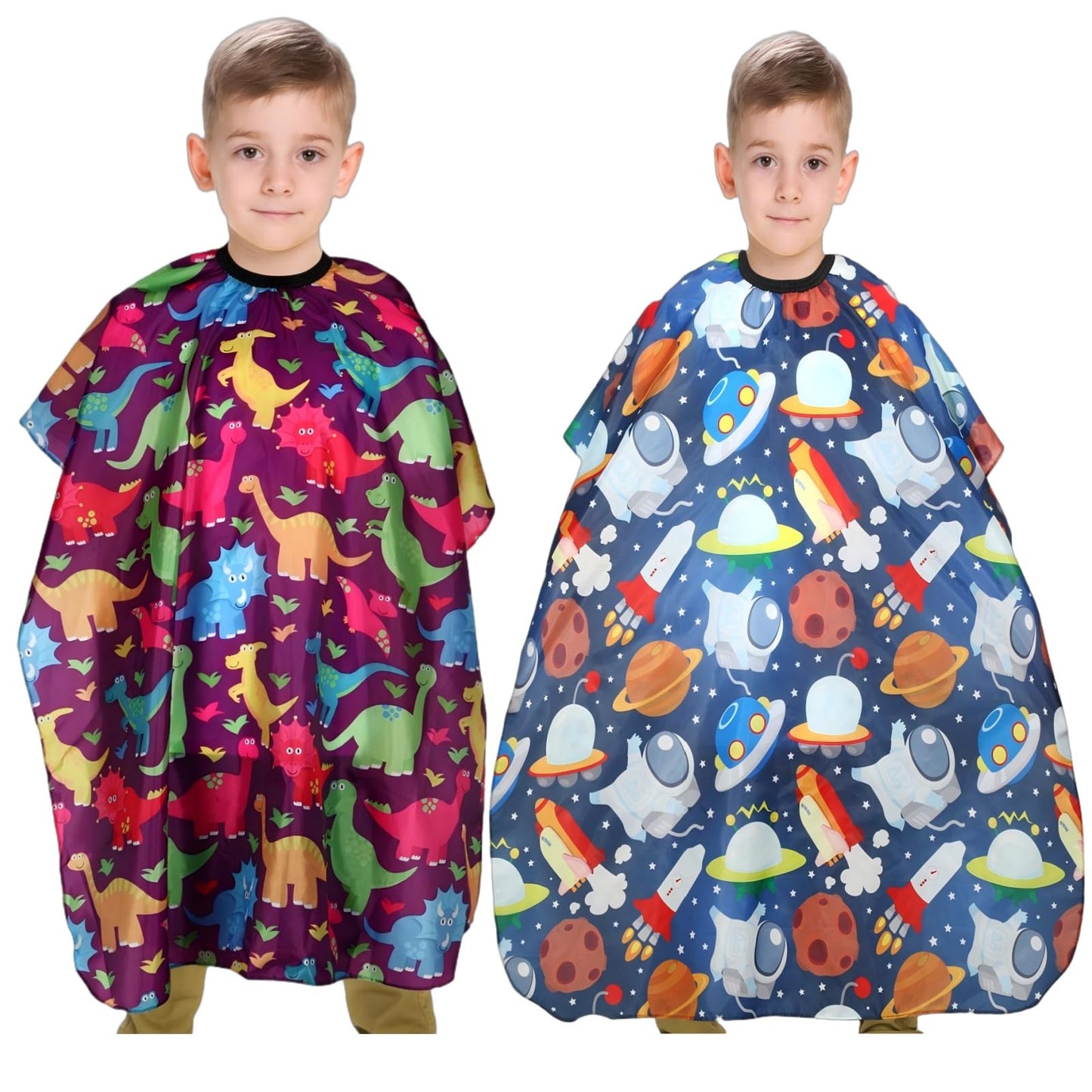 YELEGAI Kids Hair Cutting Cape (2 Pack) Professional Children Salon Barber Apron for Boys and Girls (Cartoon Dinosaur & Cartoon Space)