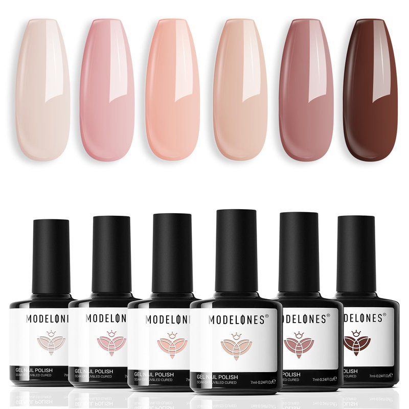 modelones Gel Nail Polish Kit -6 Colors Nude Pink Milky White Gel Polish Set Skin Tones Neutral Brown Soak Off Gel Nail Kit Manicure DIY Nail Art Salon Home Gift