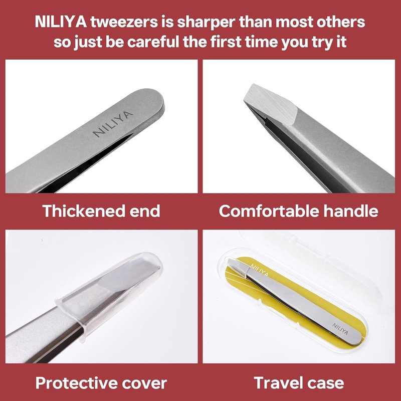 Skiennix Eyebrow Tweezers - Precision Slant Design with Comfortable Grip & Travel Case