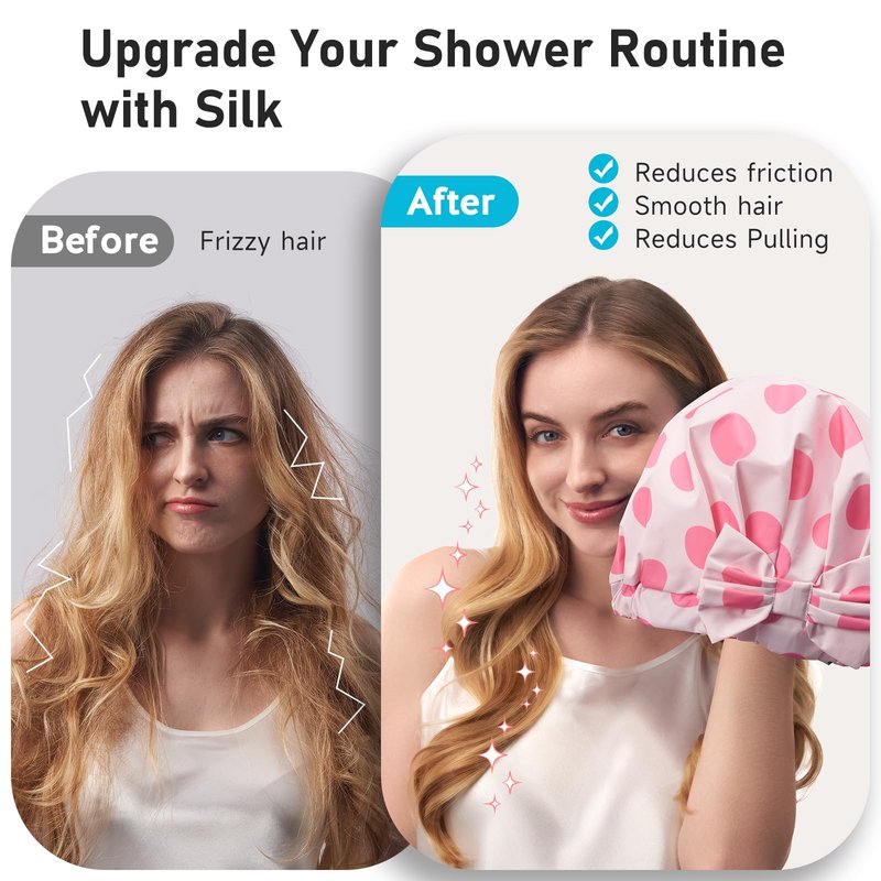 LitBear Luxury Silk Lined Shower Caps for Women Reusable Waterproof, Double Layered Large Bathing Hair Cap with Adjustable Elastic Strap, Non-slip, Quick-dry, for Long Short Hair, Pink Dots
