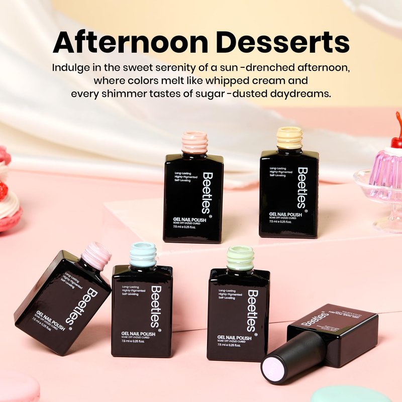 Beetles Pastel Gel Polish Set - Afternoon Desserts Collection, 6 Colors Pastel Bright Gel Polish Purple Yellow Blue Pink Summer Trendy Colors Uv LED Lamp Salon DIY at Home Nails Gifts for Women