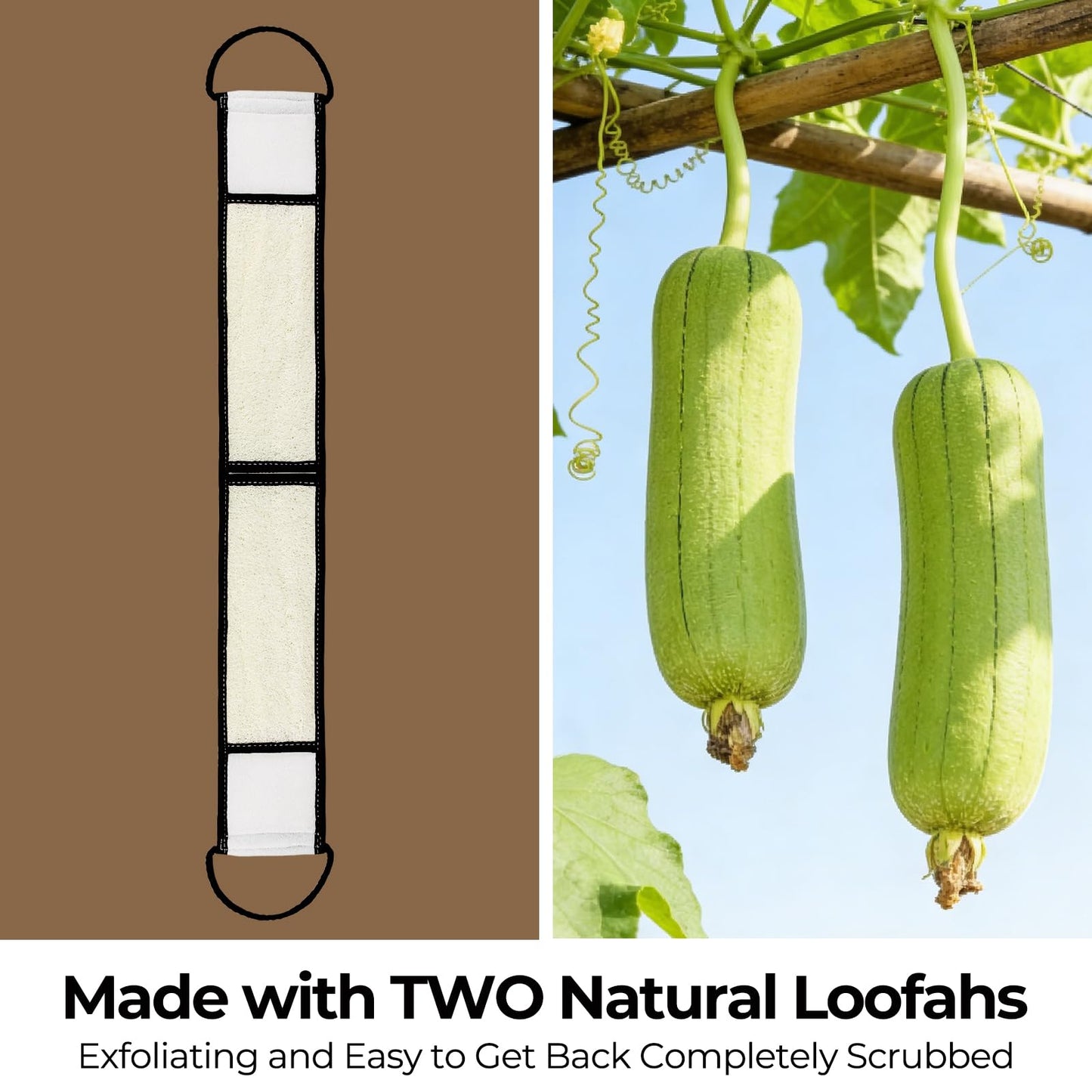 Natural Loofah Back Scrubber, Double-Sided Exfoliating Body Scrubber with Handy Strap for Deep Cleaning, Durable Bath Shower Luffa Sponges for Men and Women (Black)