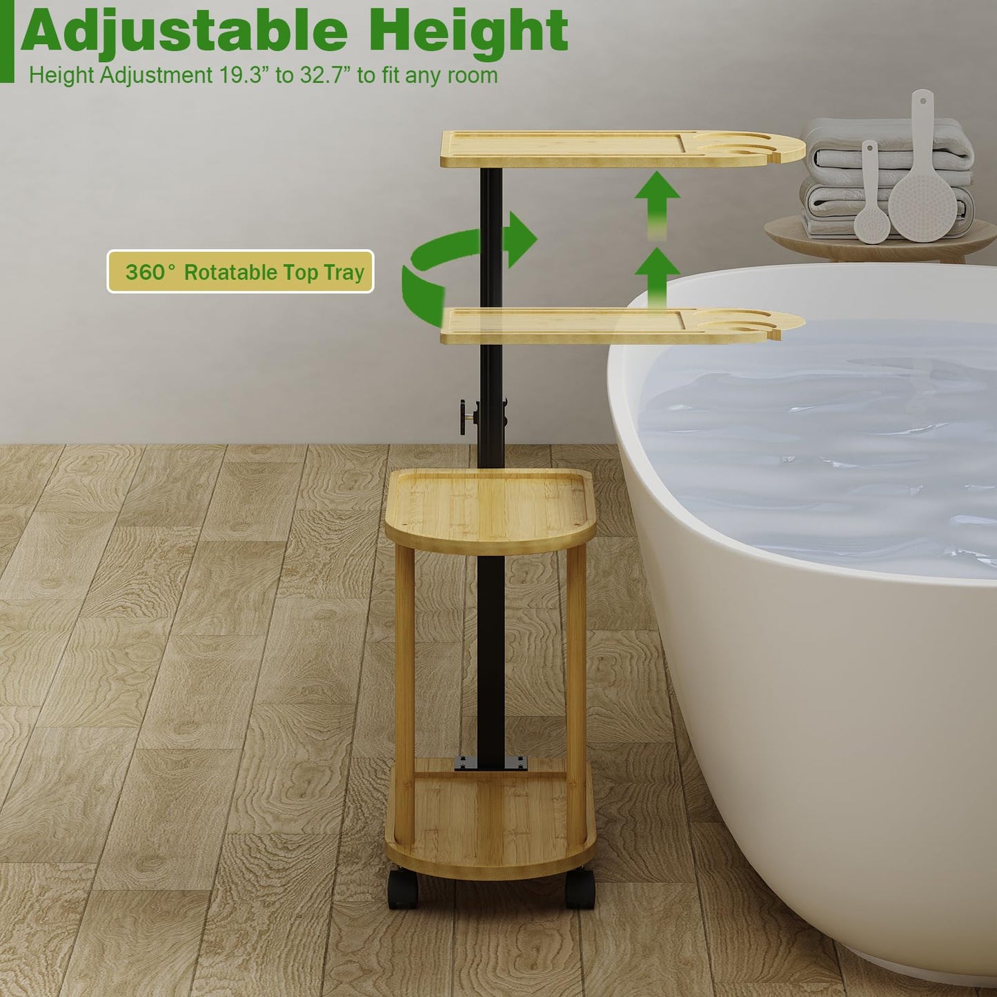 Welfuturer Bamboo 3 Layer Rotating Bathtub Tray Table, Adjustable Height Freestanding Caddy Shelf for Plants & Bath Essentials,Spa Side Table for Tub,Multifunctional Bamboo Stand Organizer,Natural