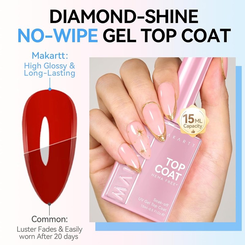 Makartt Gel Top Coat - Hema-Free No Wipe Clear Nail Polish | 15ml Long-Lasting High Gloss Finish for DIY Home Manicure