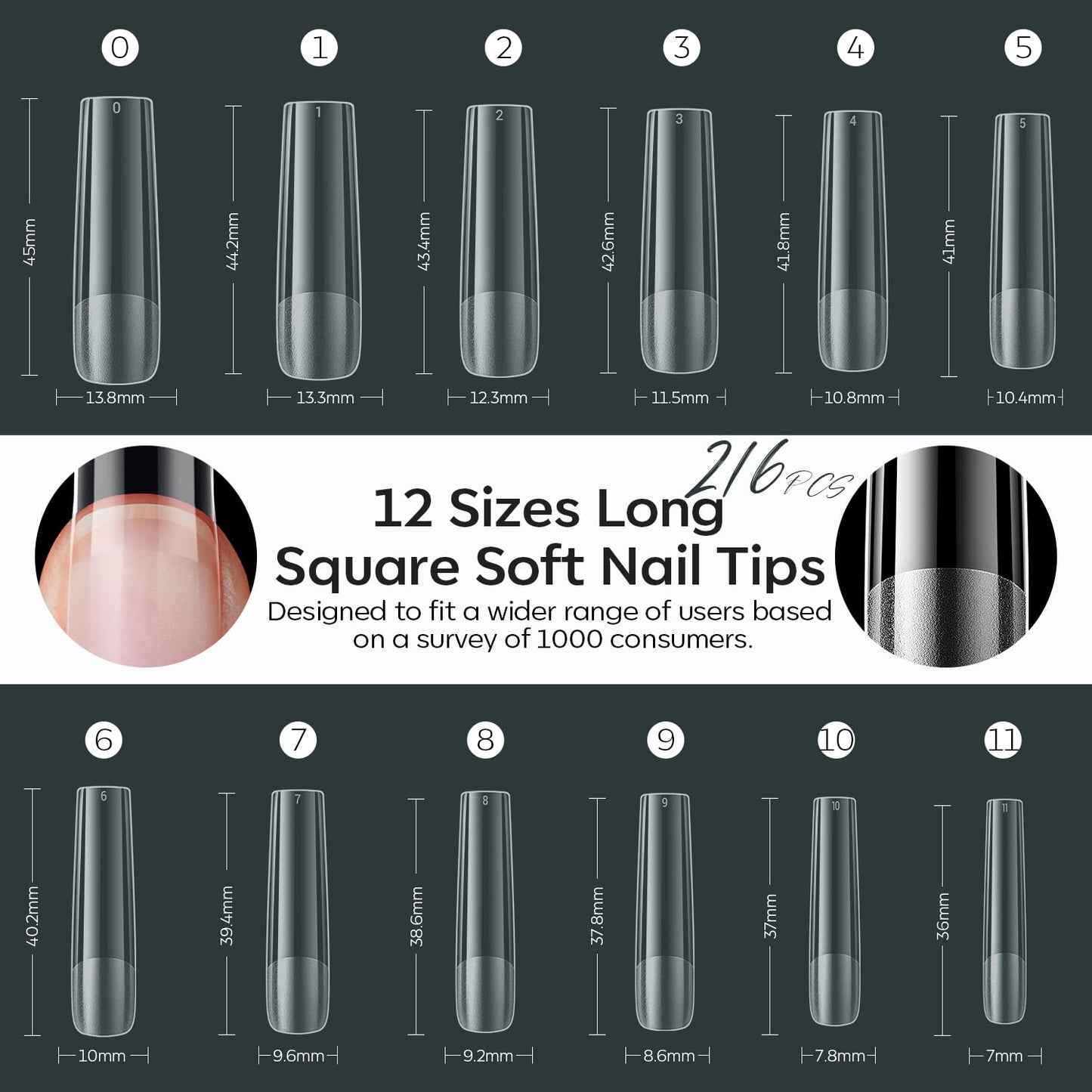 XXL Long Square Nail Tips - Pre-shaped Soft Gel Fake Nails for DIY Manicure | 216 PCS, 12 Sizes