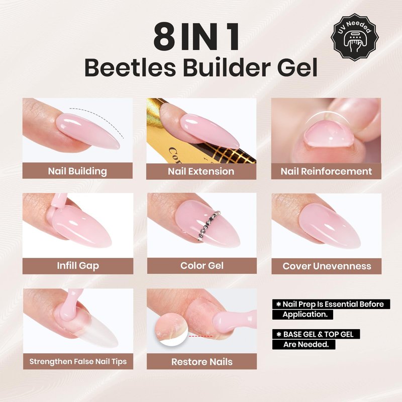 Beetles Builder Gel for Nails,0.51 oz 8 in 1 Jelly Nude Nail Thickening Strengthening Building Apex for Beginner DIY Salon at Home, Pink Builder Nail Gel, UV & LED Lamp Cured
