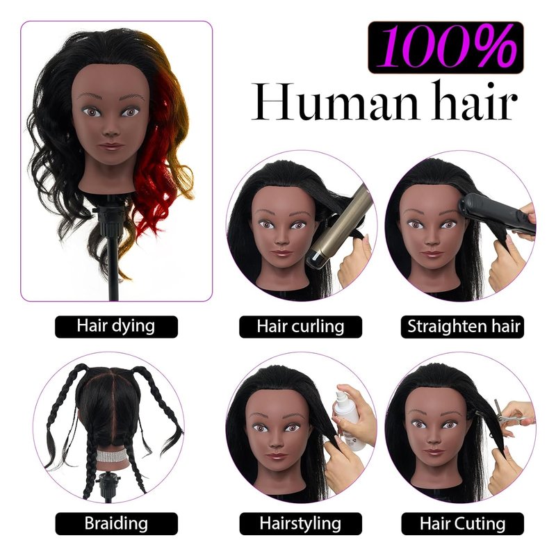 Real Hair Mannequin Head - 18” Human Hair Cosmetology Training Doll for Styling, Dying & Braiding | Black